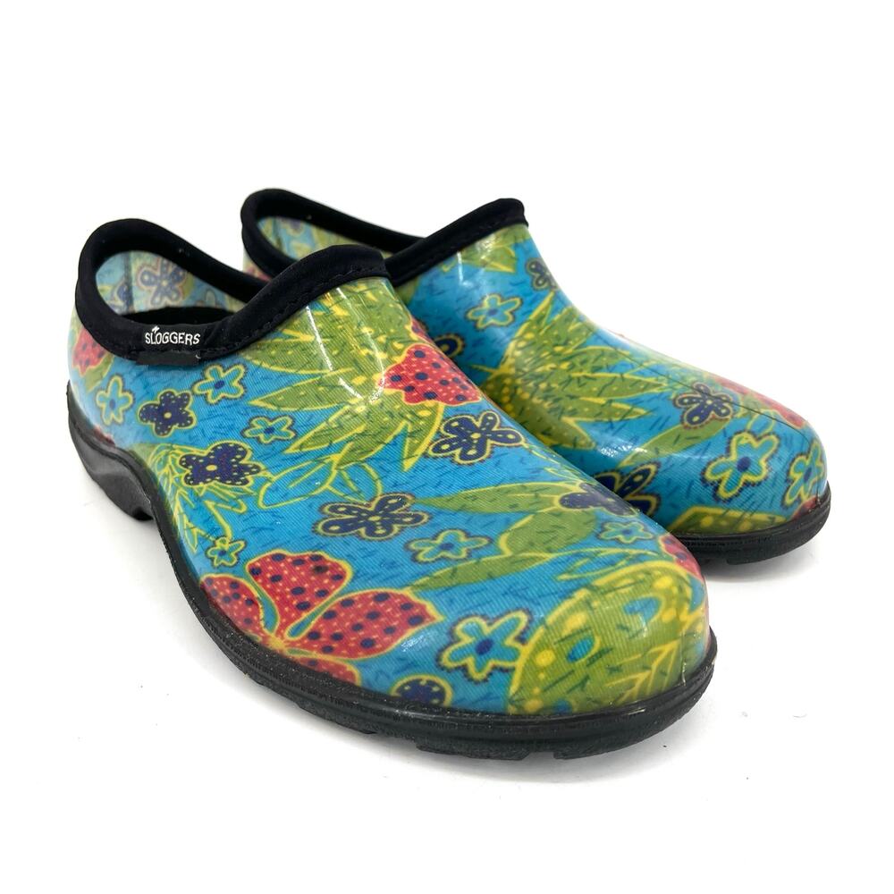 Sloggers Blue Floral Rubber Waterproof Rain Gardening‎ Shoes (women's 8) Comfort